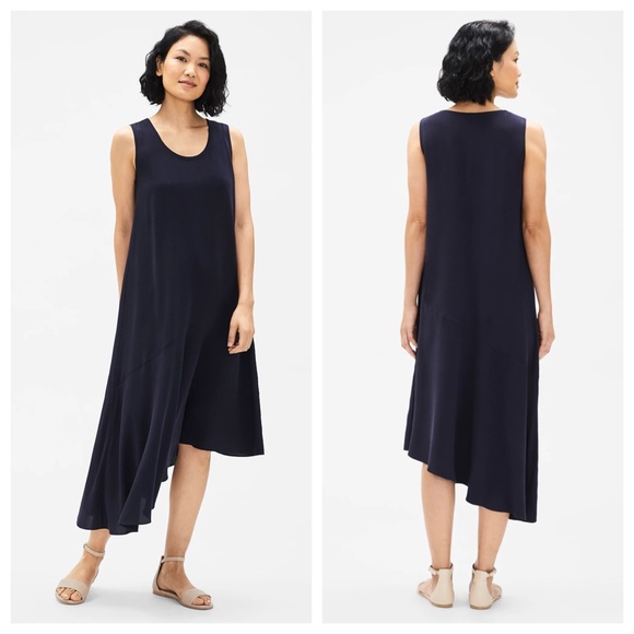 Eileen Fisher Blue Silk Georgette Crepe Asymmetrical Sleeveless Dress Sz…